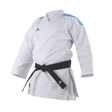 karate uniform with blue logo